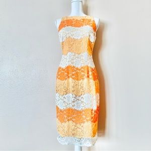 New York & Company White & Orange Floral Lace Sleeveless Fitted Pencil Dress.